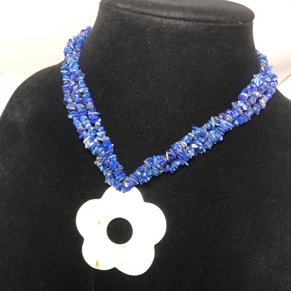 Lapis Lazuli, MOP Flower Pendant 3 Strand Necklace 925 Sterling Silver Clasp EVC - Picture 2 of 8